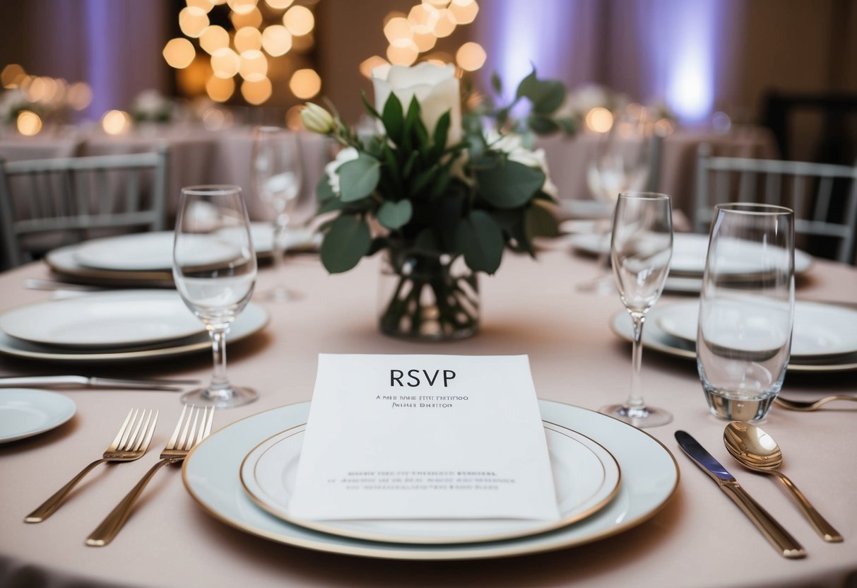 A table set for an event, with empty place settings and an unopened RSVP envelope