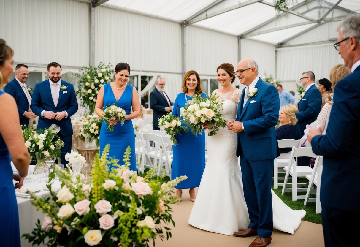 The bride's parents arranging flowers and decorations, coordinating with vendors, and welcoming guests at the wedding venue