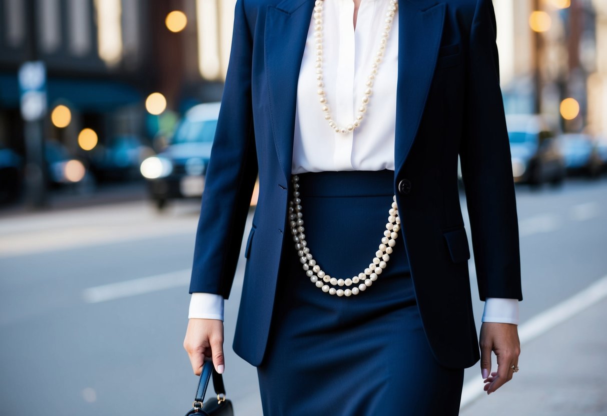 A well-tailored blazer draped over a crisp white blouse, paired with a knee-length skirt and accessorized with a string of pearls