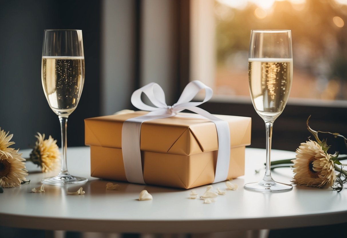 A wedding gift sits unopened on a table, surrounded by wilted flowers and empty champagne glasses