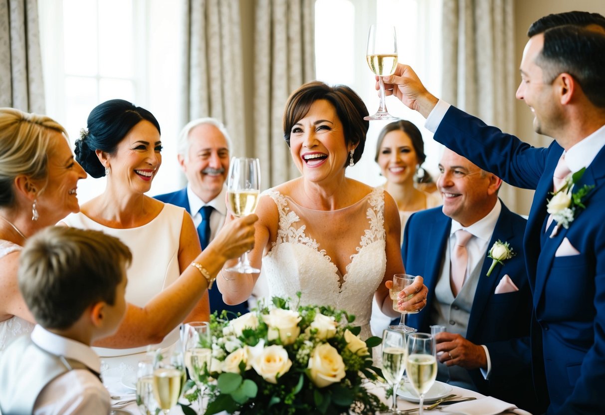 A joyful mother of the groom raises her glass in a toast, surrounded by family and friends