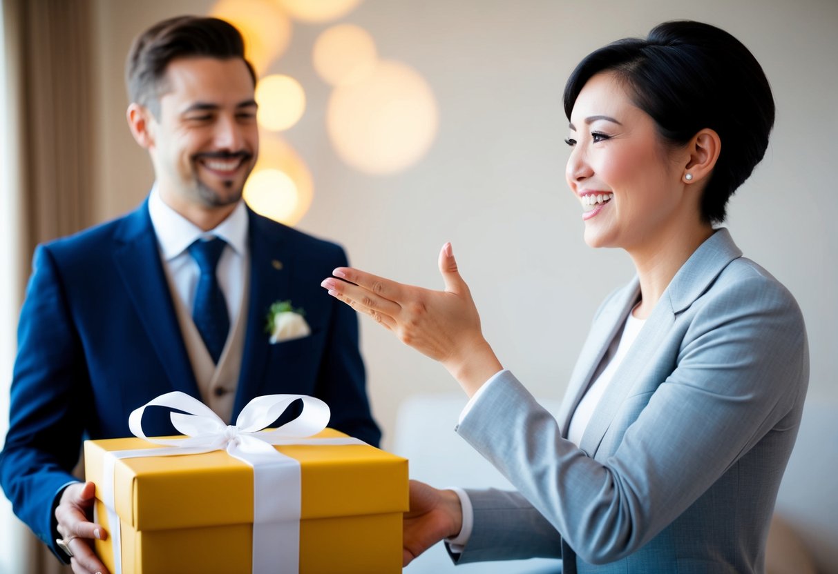 A person receiving a wedding gift, smiling and gesturing appreciation towards the gift with a warm and grateful expression