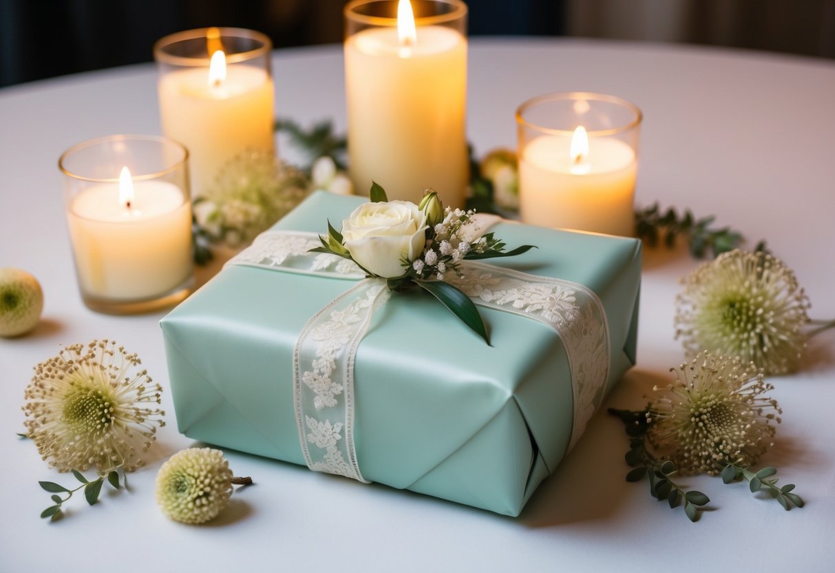 A beautifully wrapped wedding gift sits on a table, surrounded by delicate floral decorations and soft candlelight