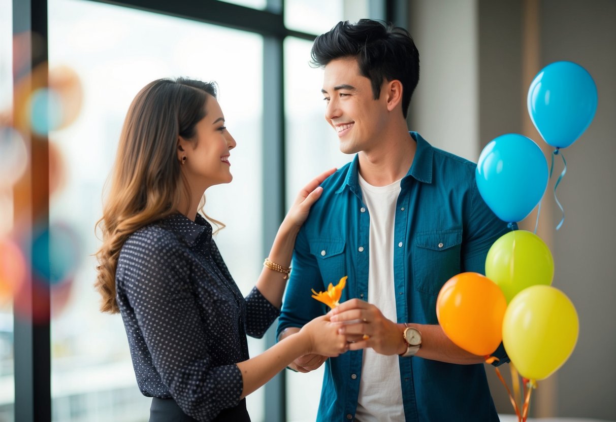 A woman standing beside a young man, offering congratulations and warm wishes with a smile