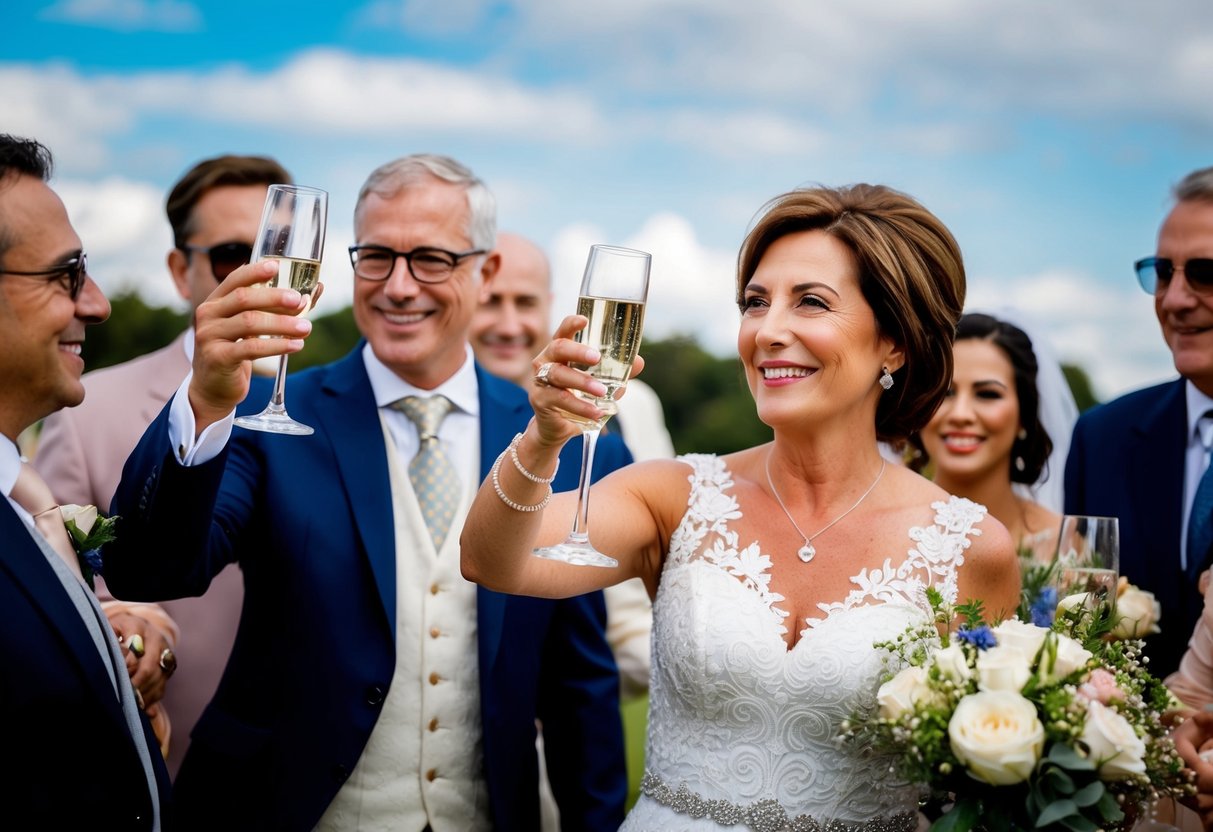 The mother of the groom raises a glass, smiling warmly, surrounded by family and friends