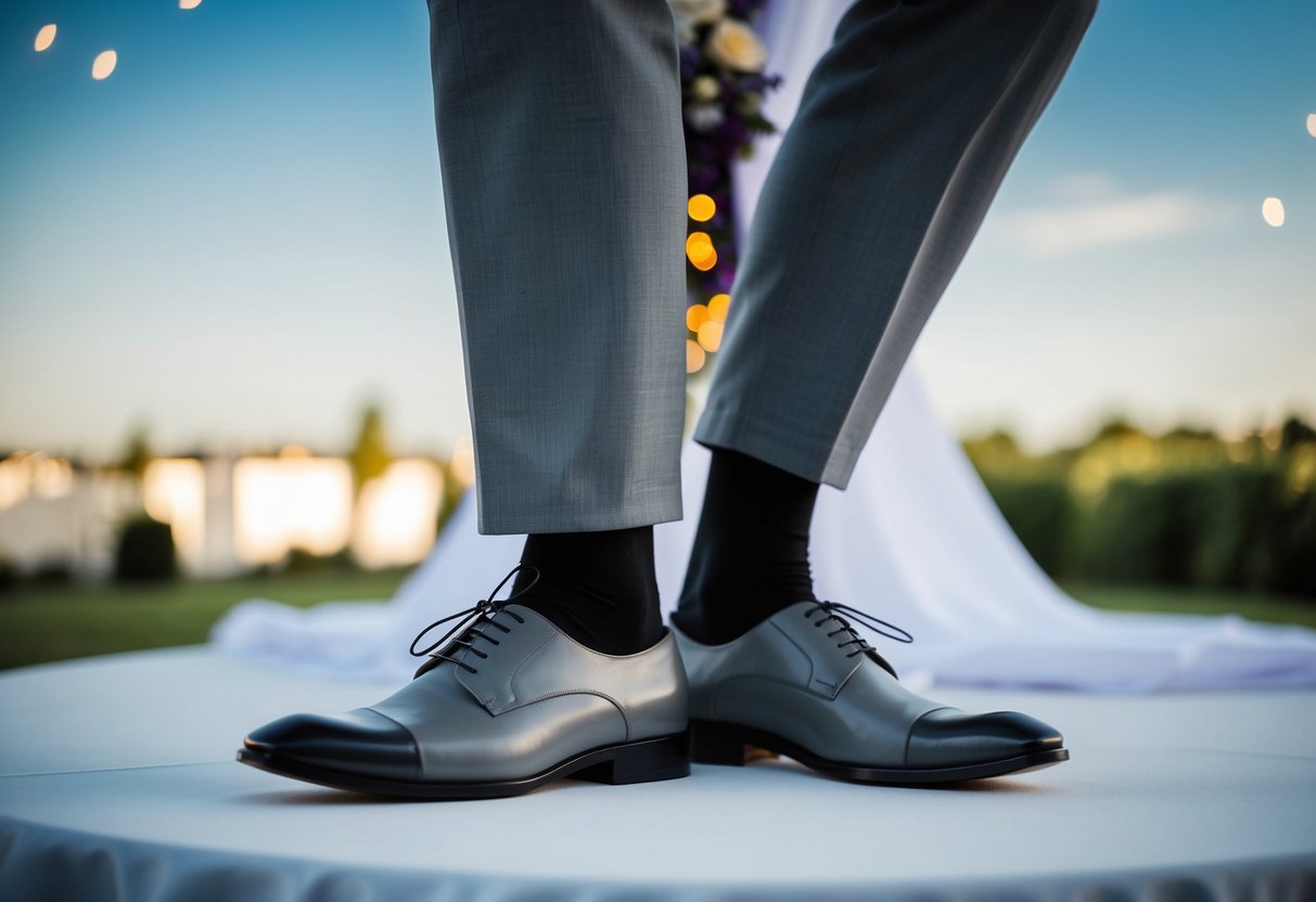 A gray suit and dress shoes on a wedding setting