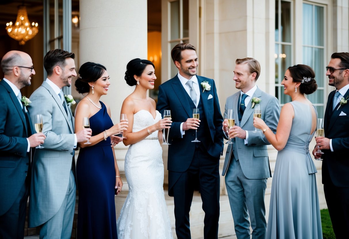 A group of elegantly dressed wedding guests, some in gray attire, stand outside a grand venue, chatting and sipping champagne