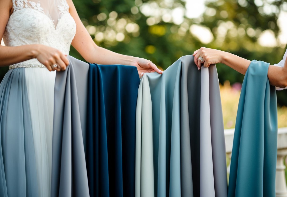 A wedding guest holding up different shades of grey fabric against a dress