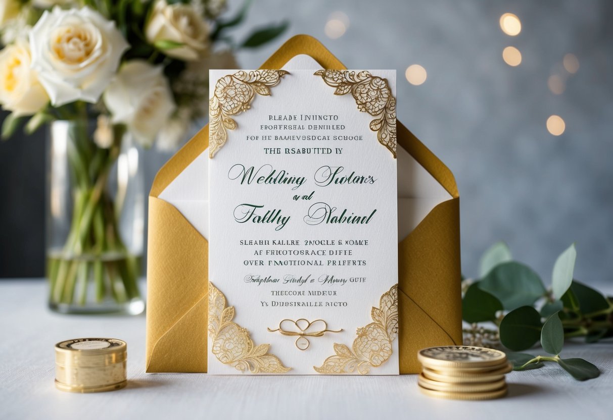 A beautifully decorated wedding invitation with an elegant envelope and a discreet note indicating a preference for monetary gifts over traditional presents