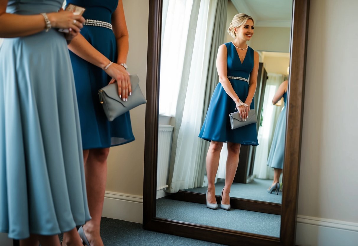 A wedding guest holding a gray clutch and wearing gray shoes, standing in front of a mirror, contemplating their outfit