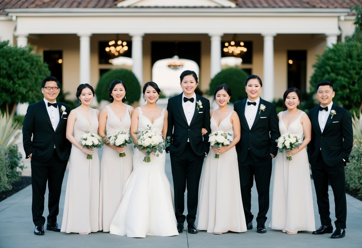 A group of elegantly dressed wedding guests, with one person wearing a black outfit, standing in front of a beautiful venue