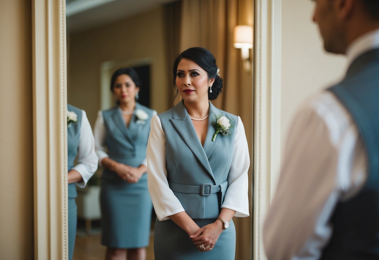 A wedding guest wearing a gray outfit, standing in front of a mirror, looking uncertain