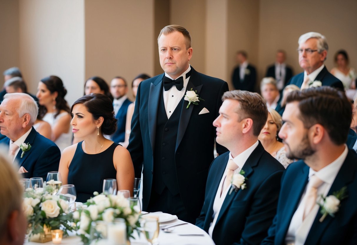 A wedding guest wearing a black outfit, surrounded by disapproving glances from other attendees