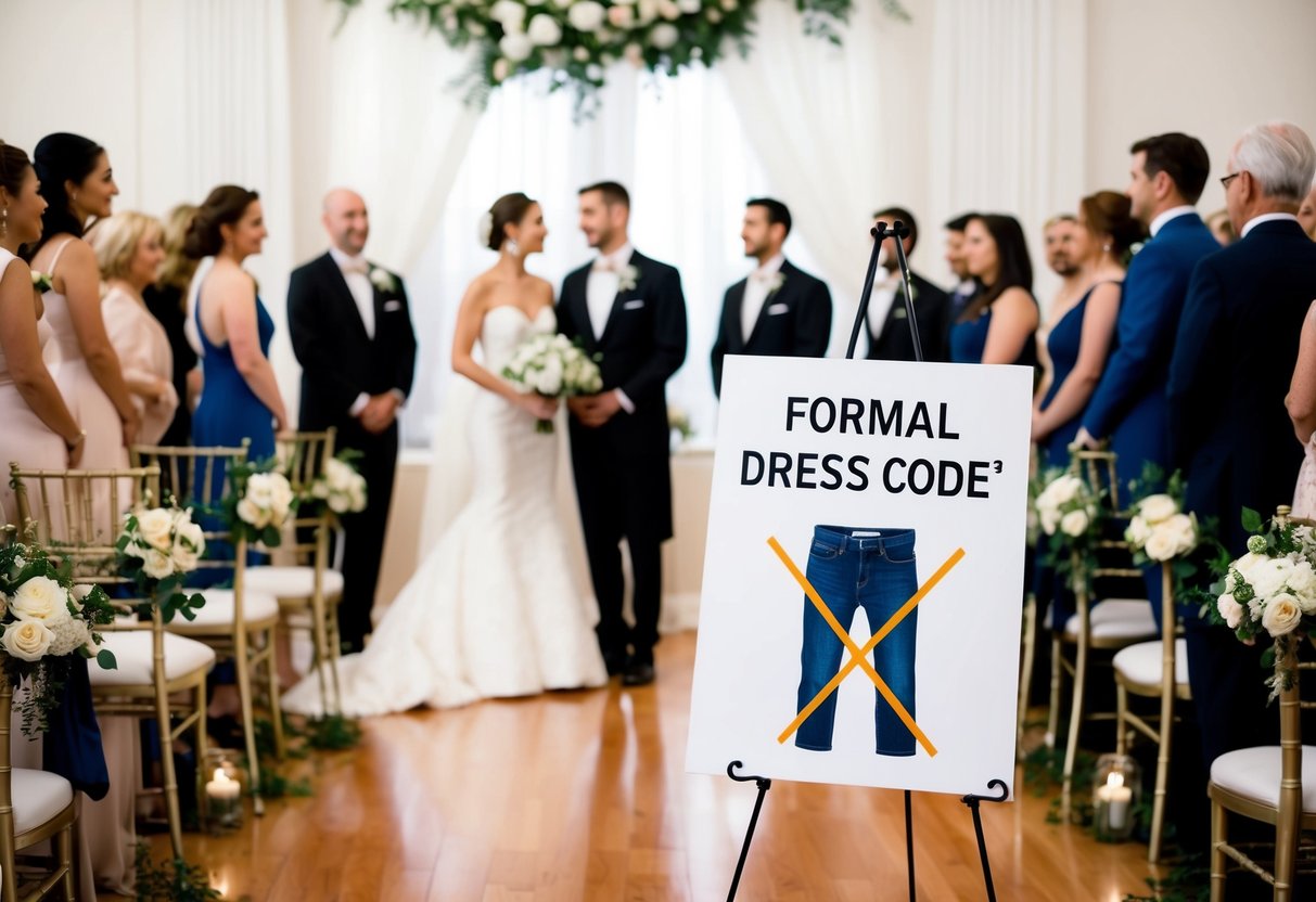 A formal wedding setting with a bride and groom, guests in elegant attire, and a sign indicating "formal dress code" with a crossed-out pair of jeans