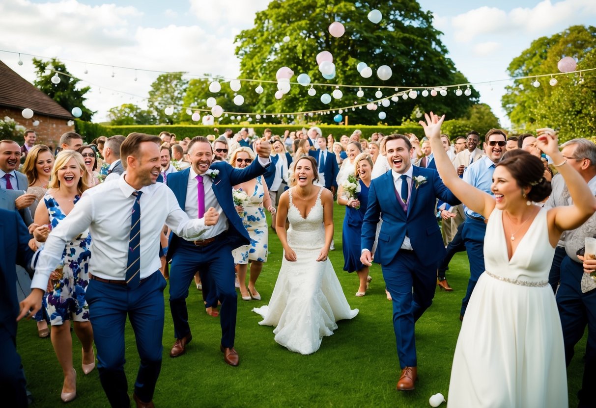 Guests overflow from the wedding venue, filling the lawn with laughter and chatter. The space is abuzz with excitement and joy as the celebration continues