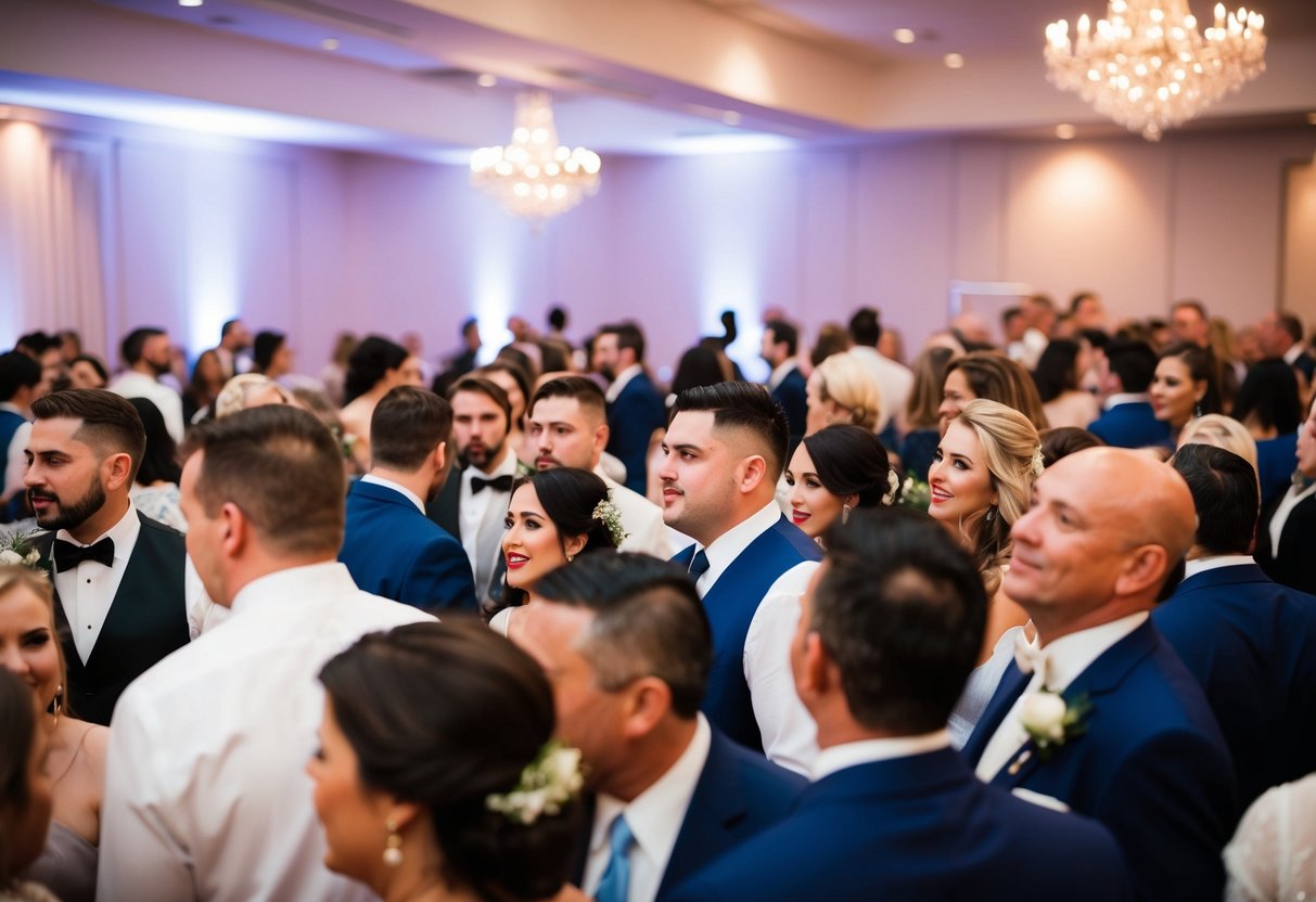 A crowded wedding reception with unexpected guests arriving