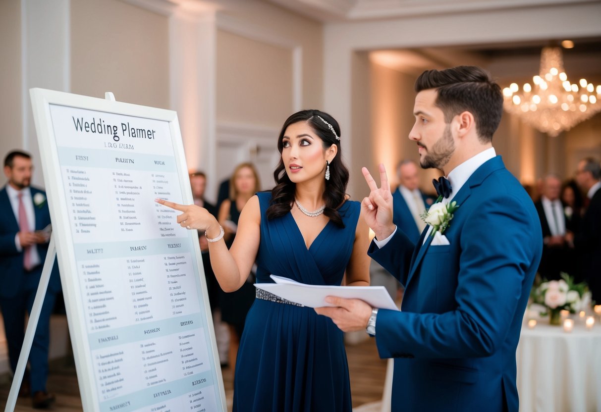 A wedding planner gestures towards a seating chart while a couple looks concerned as extra guests arrive at the reception
