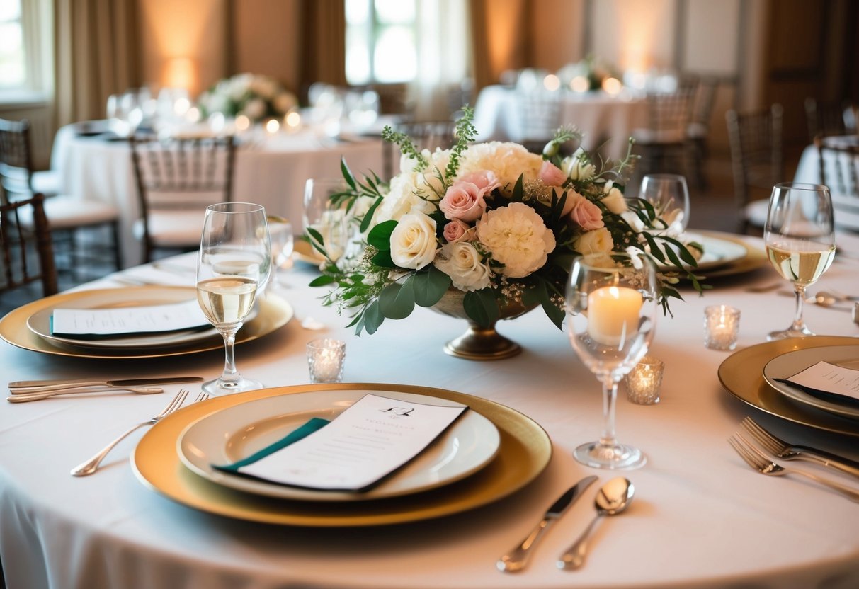 A beautifully set table at a wedding reception, with elegant place settings and a floral centerpiece