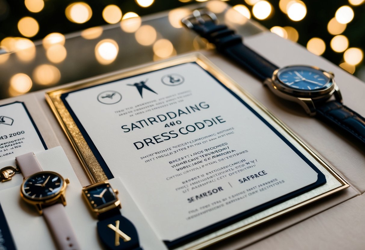 A fancy wedding invitation with a watch and various dress code symbols