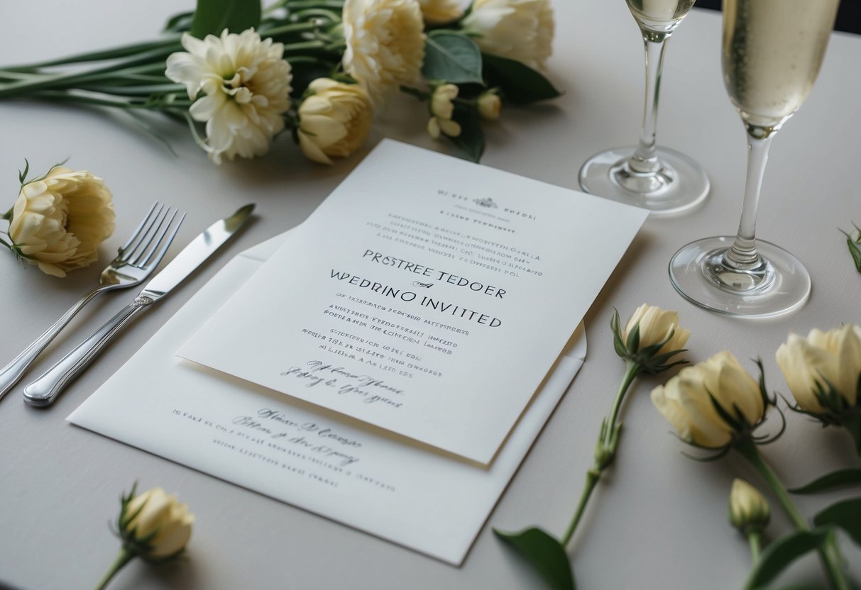 A pristine wedding invitation left unopened on a table, surrounded by wilting flowers and empty champagne glasses