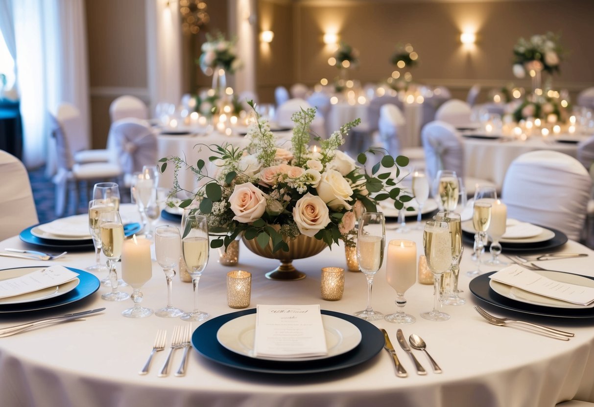 A beautifully set table at a wedding reception, adorned with elegant place settings, delicate floral arrangements, and sparkling, decorative accessories