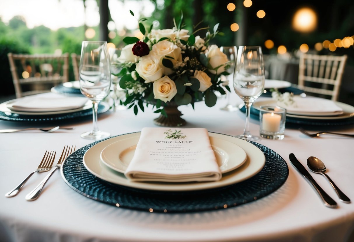A beautifully set wedding table with an empty seat and untouched place setting
