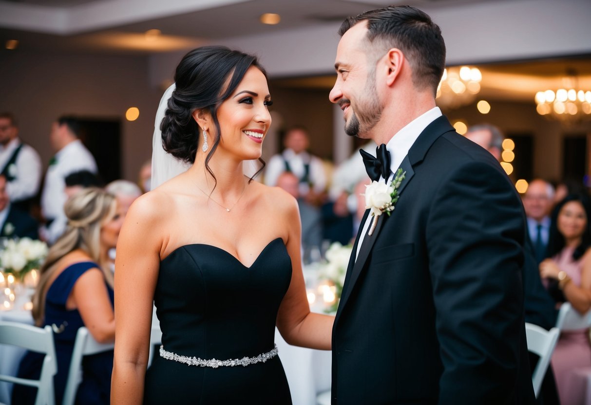 A woman in a black dress stands beside a groom at a wedding reception, surrounded by family and friends