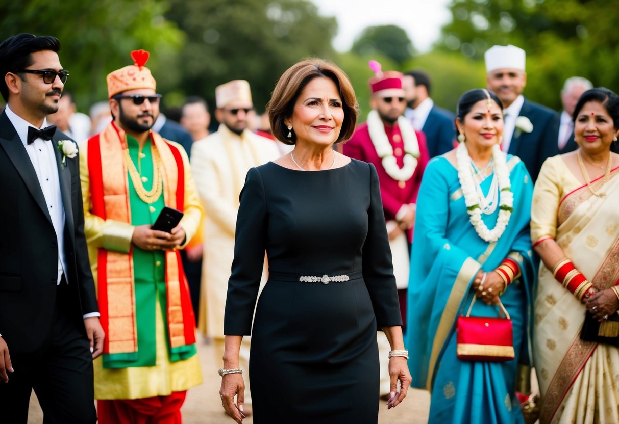 A mother of the groom in a black dress, standing among guests in various traditional wedding attire