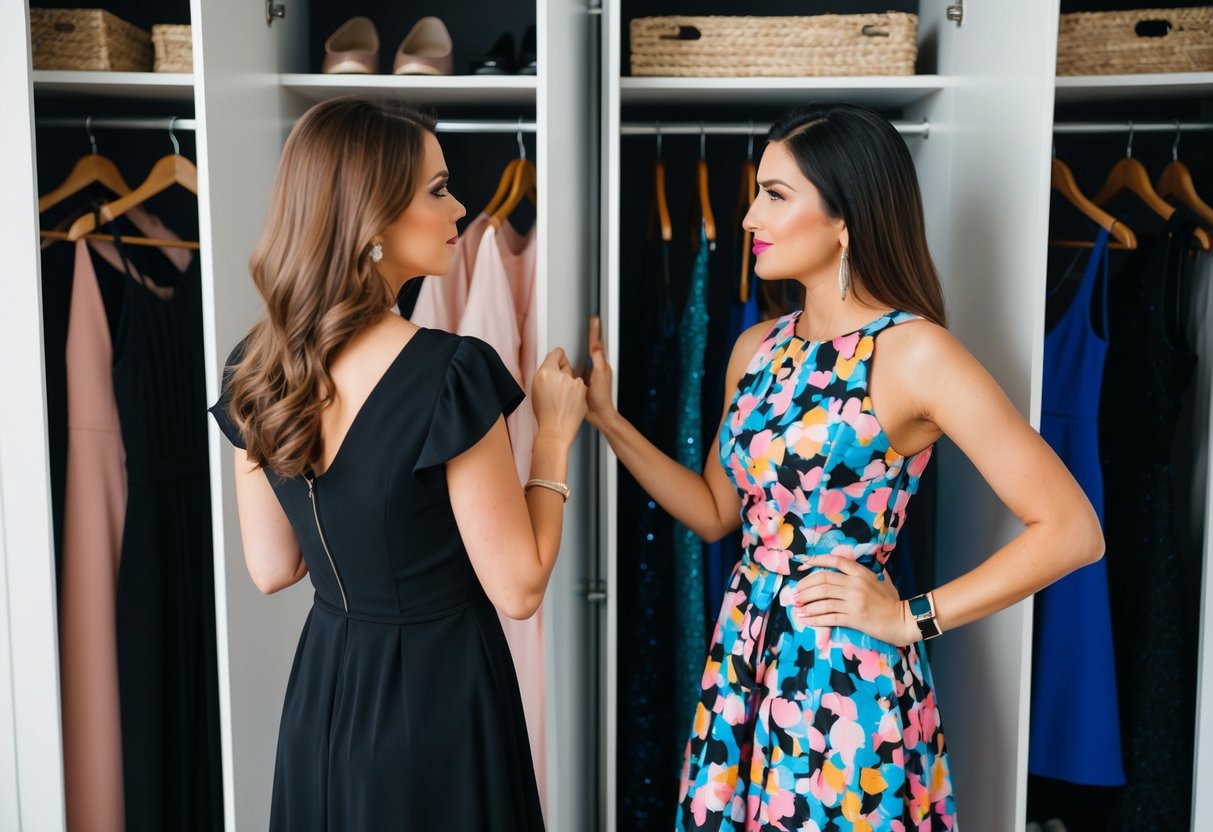 A woman standing in front of a closet, contemplating between a black dress and a more colorful outfit for a special occasion
