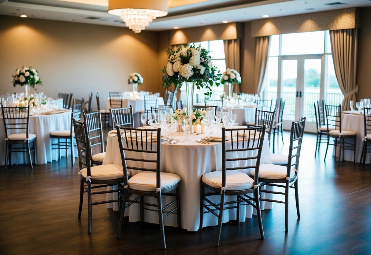 A beautifully decorated wedding venue with empty chairs and tables