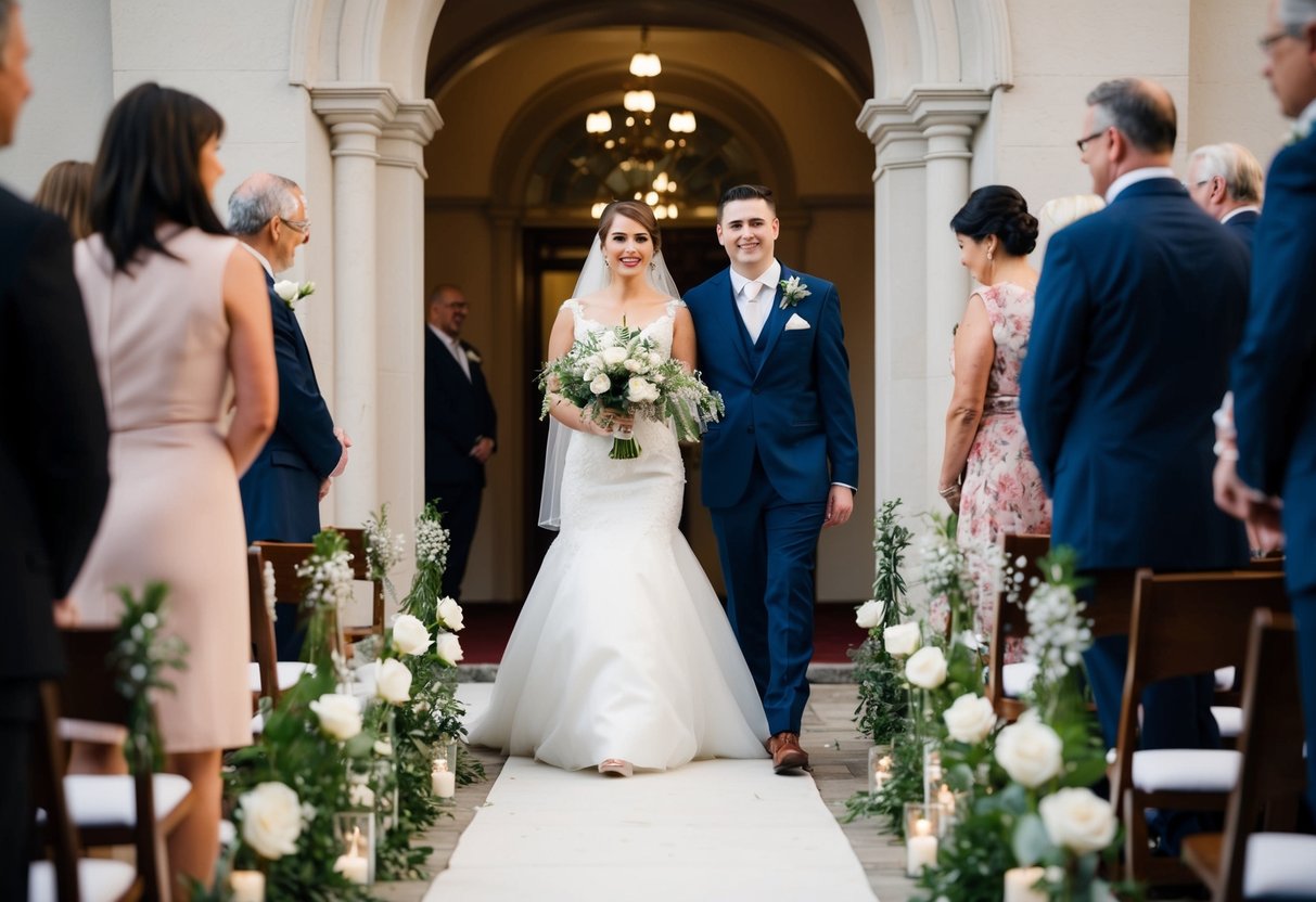 A bride stands at the start of an aisle, a figure waits at the other end