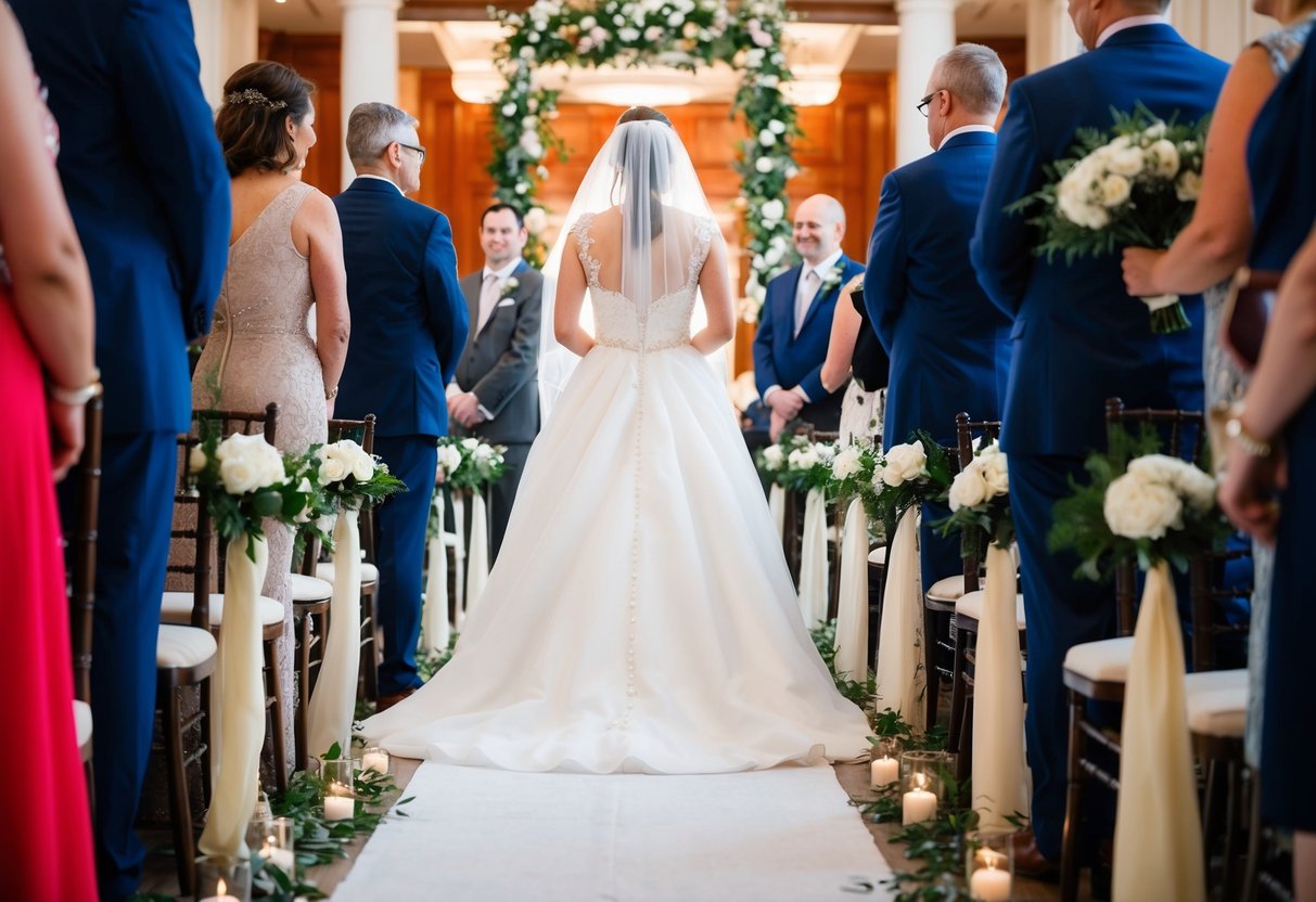 A bride stands at the end of an aisle, surrounded by traditional wedding decor
