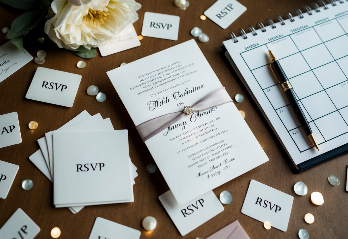 A wedding invitation surrounded by scattered RSVP cards and a calendar with marked dates