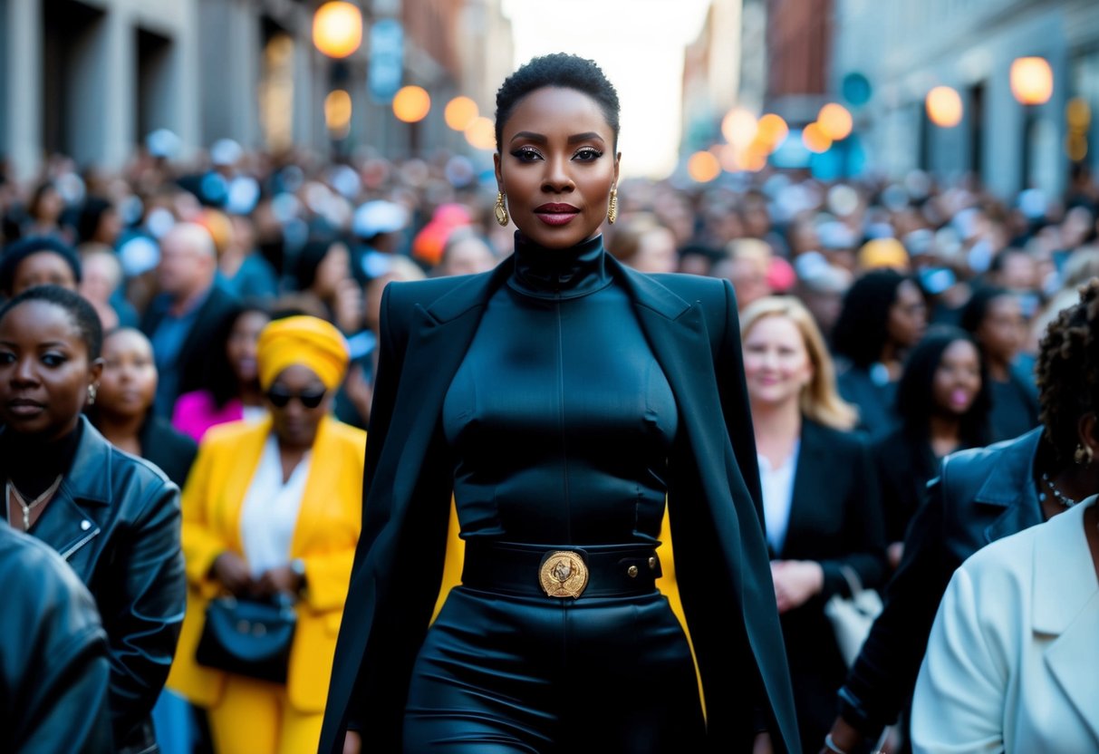 A confident figure in a sleek black outfit stands amidst a vibrant crowd, exuding elegance and individuality