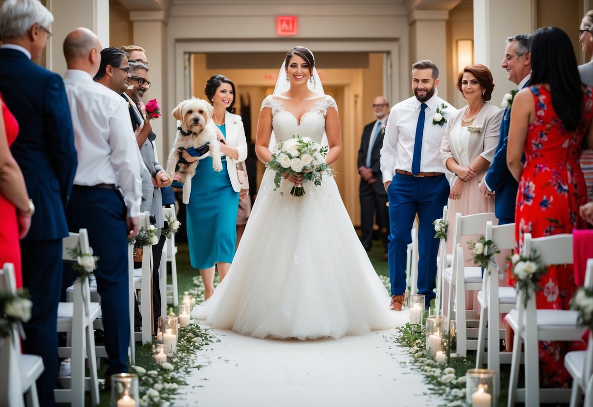 A bride stands confidently at the start of the aisle, surrounded by various modern alternatives to the traditional walk, such as a pet, a close friend, or a family member