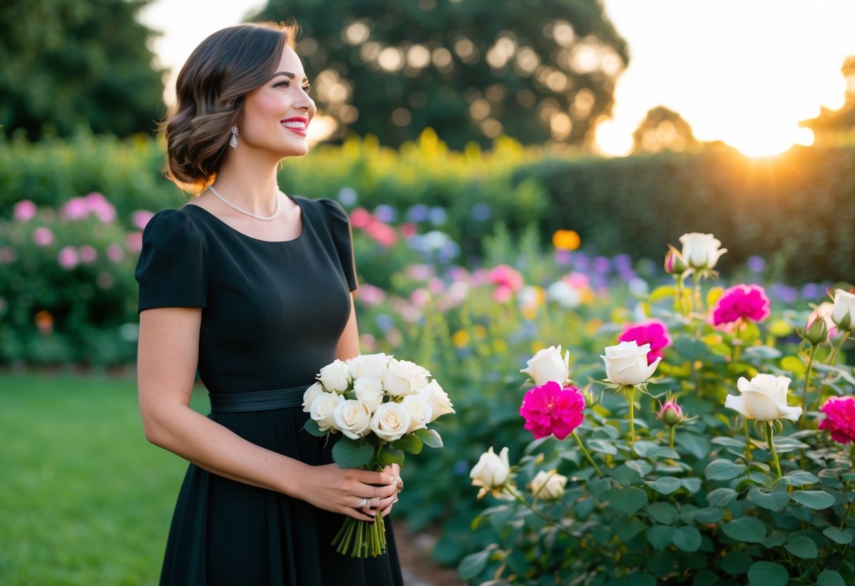A woman in a black dress stands in a garden, surrounded by vibrant flowers and greenery. She holds a bouquet of white roses and smiles as she gazes at the setting sun