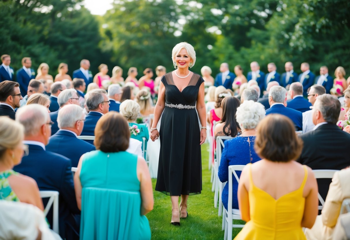 A mother of the bride in a black dress stands out among a sea of colorful wedding guests