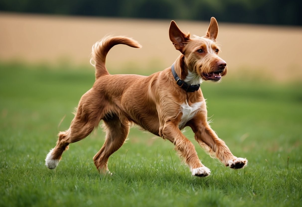 A Wirehaired Vizsla dog running through a grassy field with its ears and tail up, alert and poised