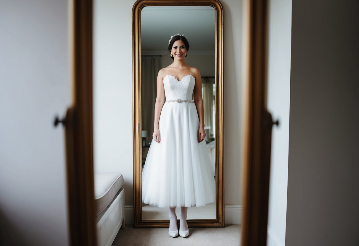 A bride standing in front of a full-length mirror, wearing a wedding dress with tights and shoes