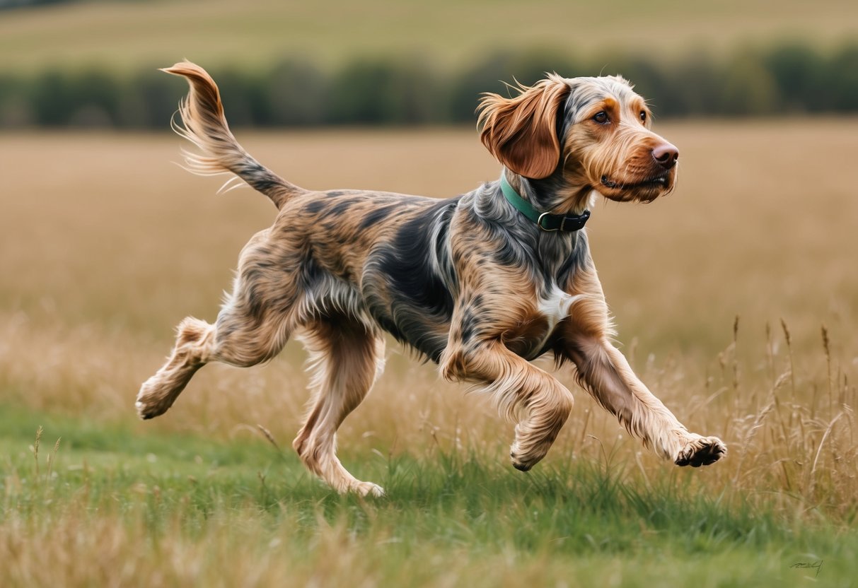 A Wirehaired Vizsla dog running through a field with a dense, wiry coat and a sleek, athletic build