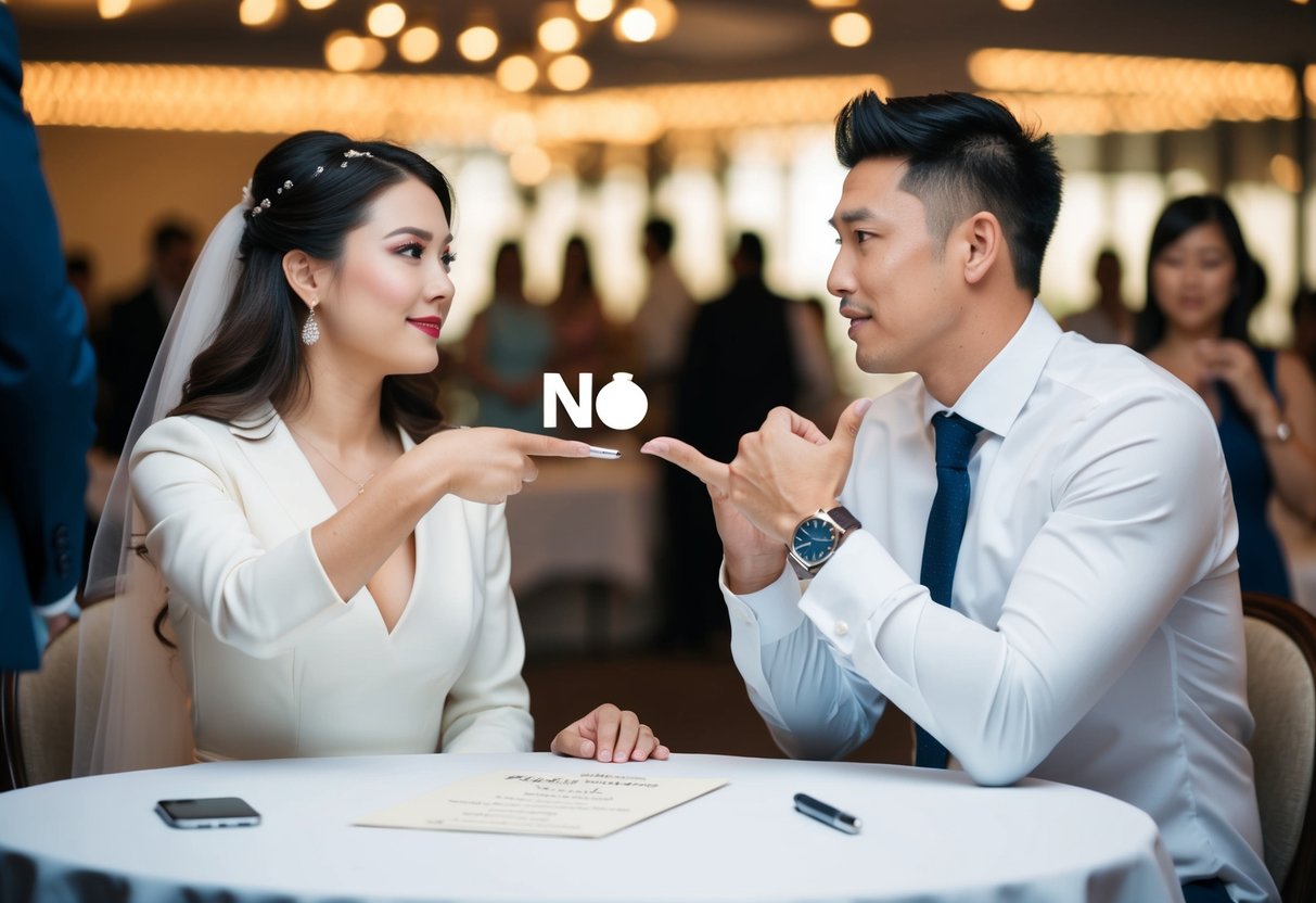 A couple at a table with a wedding invitation and a pen, gesturing to indicate "no plus one" while talking to a disappointed guest