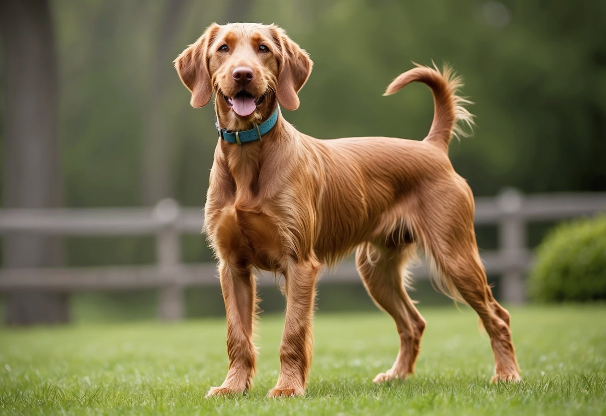 A Wirehaired Vizsla dog standing alert with a friendly expression, tail wagging, and ears perked up