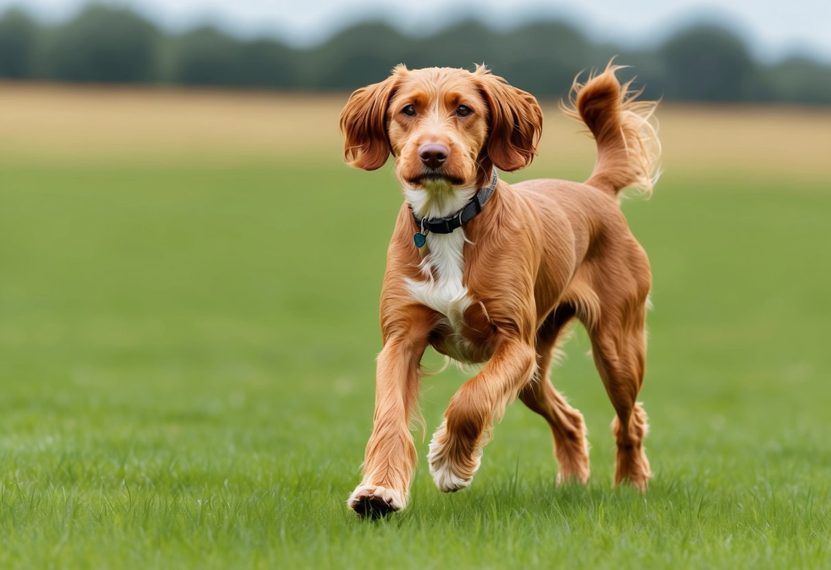 A Wirehaired Vizsla dog attentively trains in an open field, showcasing its intelligence and focus