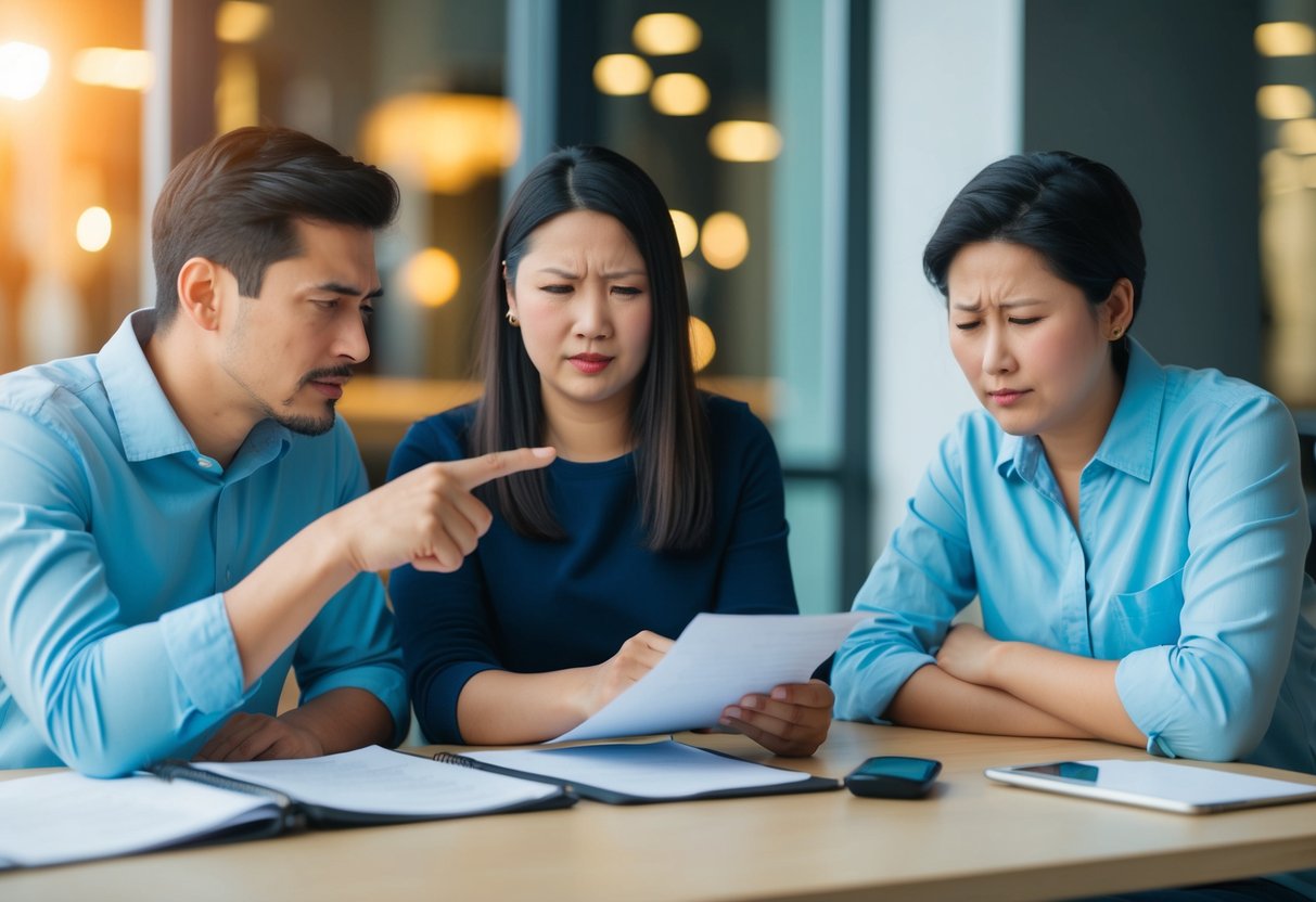 A couple sitting at a table, gesturing to a list with a frown while another person looks disappointed
