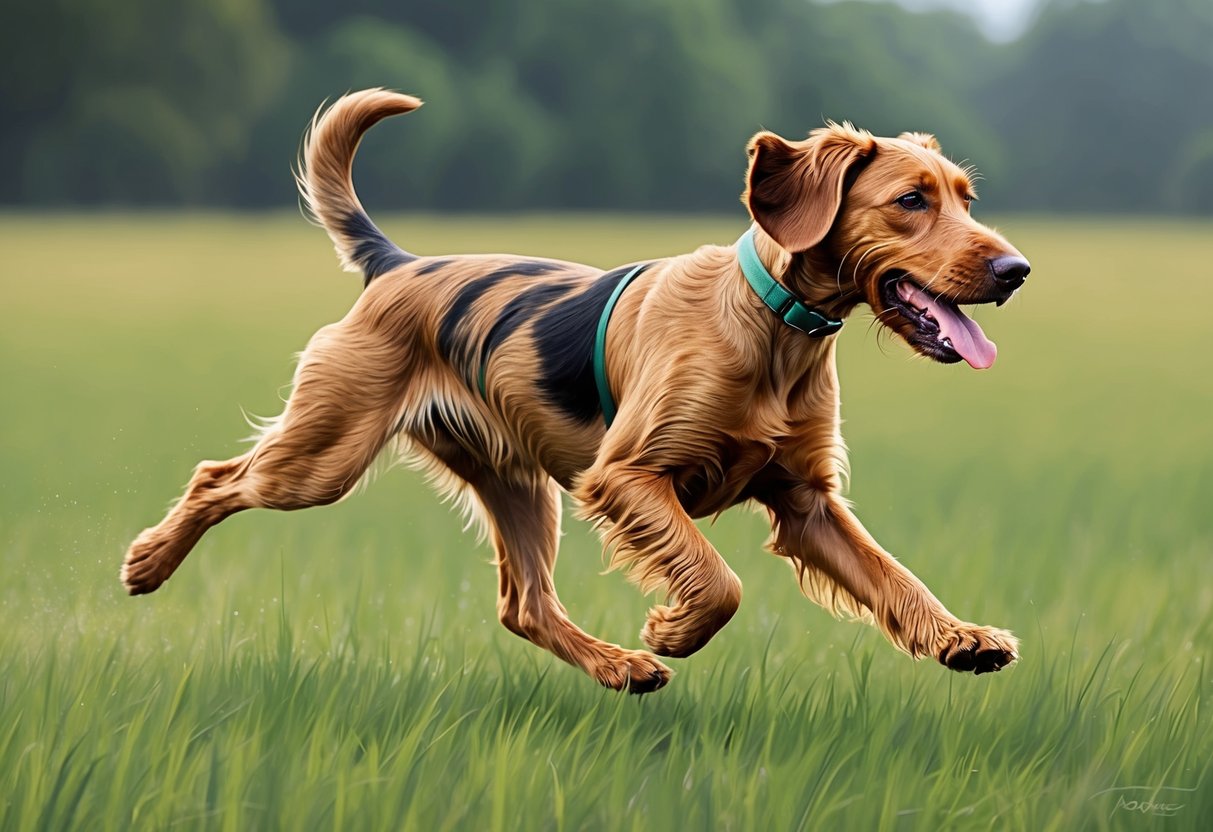 A Wirehaired Vizsla dog running through a grassy field, tongue lolling, and tail wagging