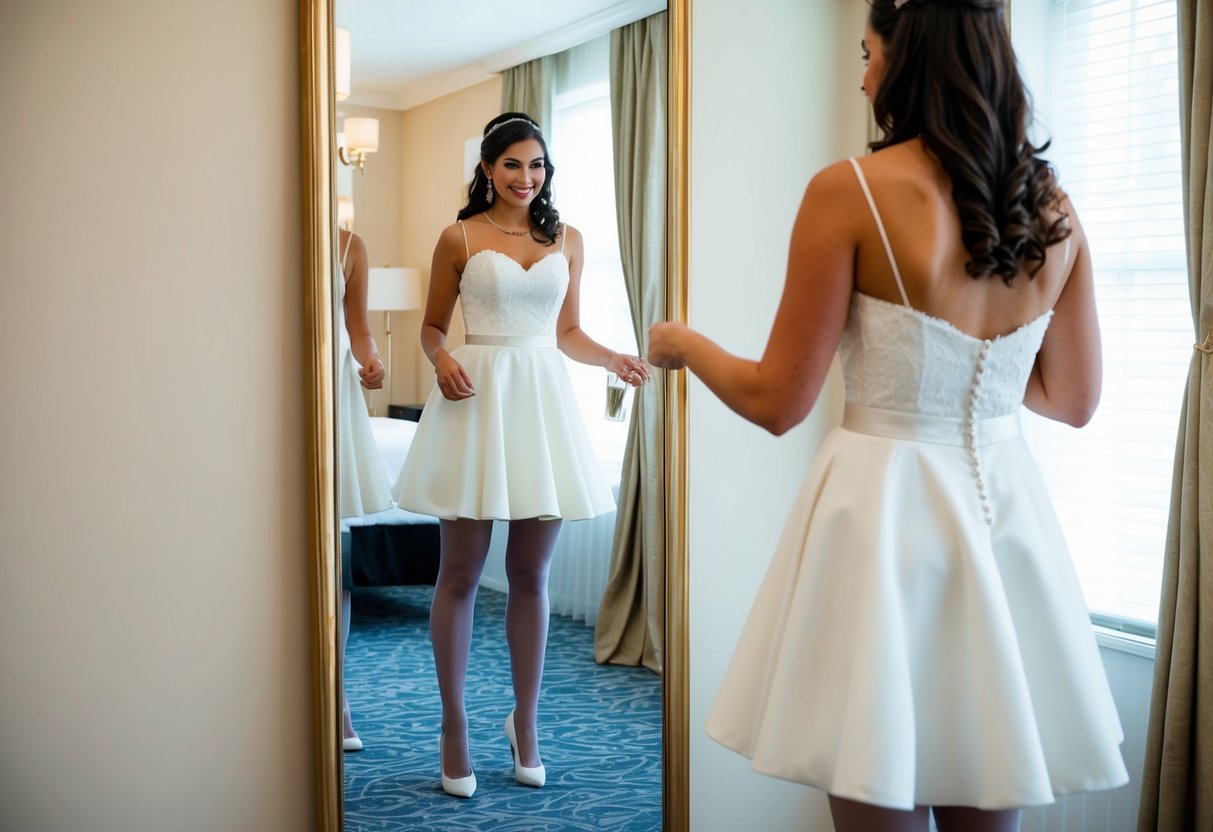 A bride standing in front of a mirror, wearing a wedding dress and trying on different pairs of tights to see how they look with the dress