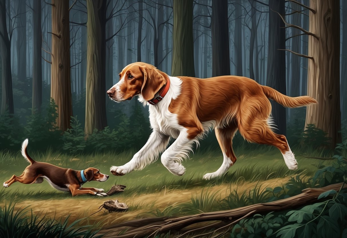 A Wirehaired Vizsla dog using its hunting skills to track prey in a dense forest