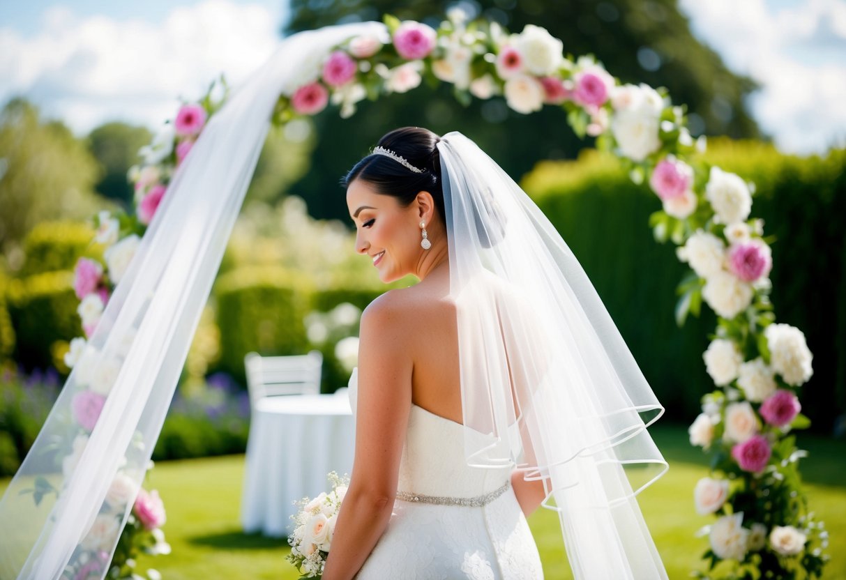 A white dress and veil in a garden setting with flowers and a wedding arch