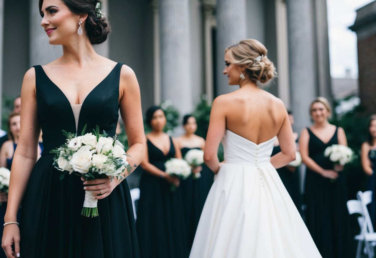 A black wedding dress contrasts with a white gown. The dark color symbolizes elegance and sophistication, adding a modern twist to the traditional ceremony