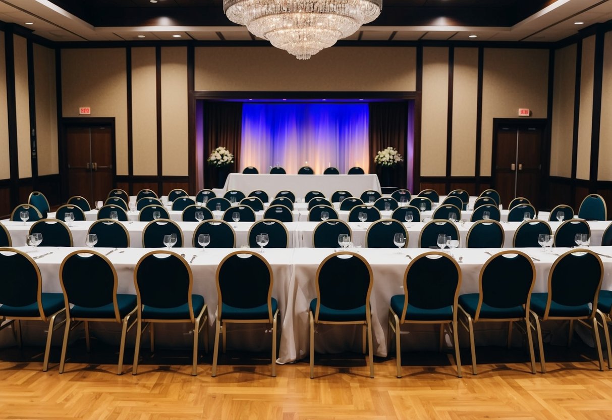 A banquet hall with 150 empty chairs arranged in neat rows, with an additional table set for a head table at the front of the room